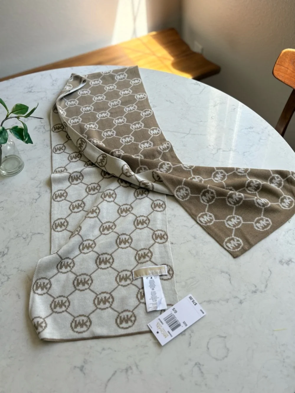 Michael Kors Tan & Cream MK Logo Knit Scarf
